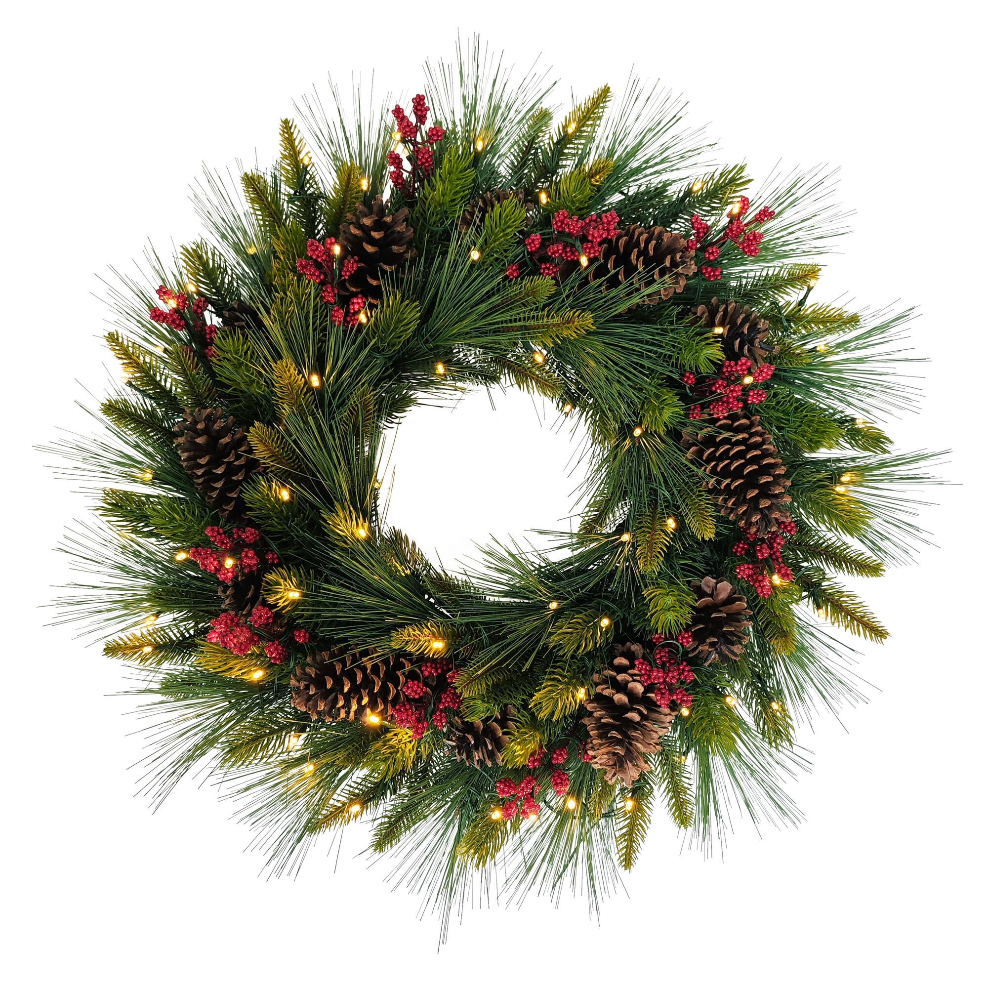26" Pre-Lit LED Pinecones & Berries Adorned Artificial Christmas Wreath